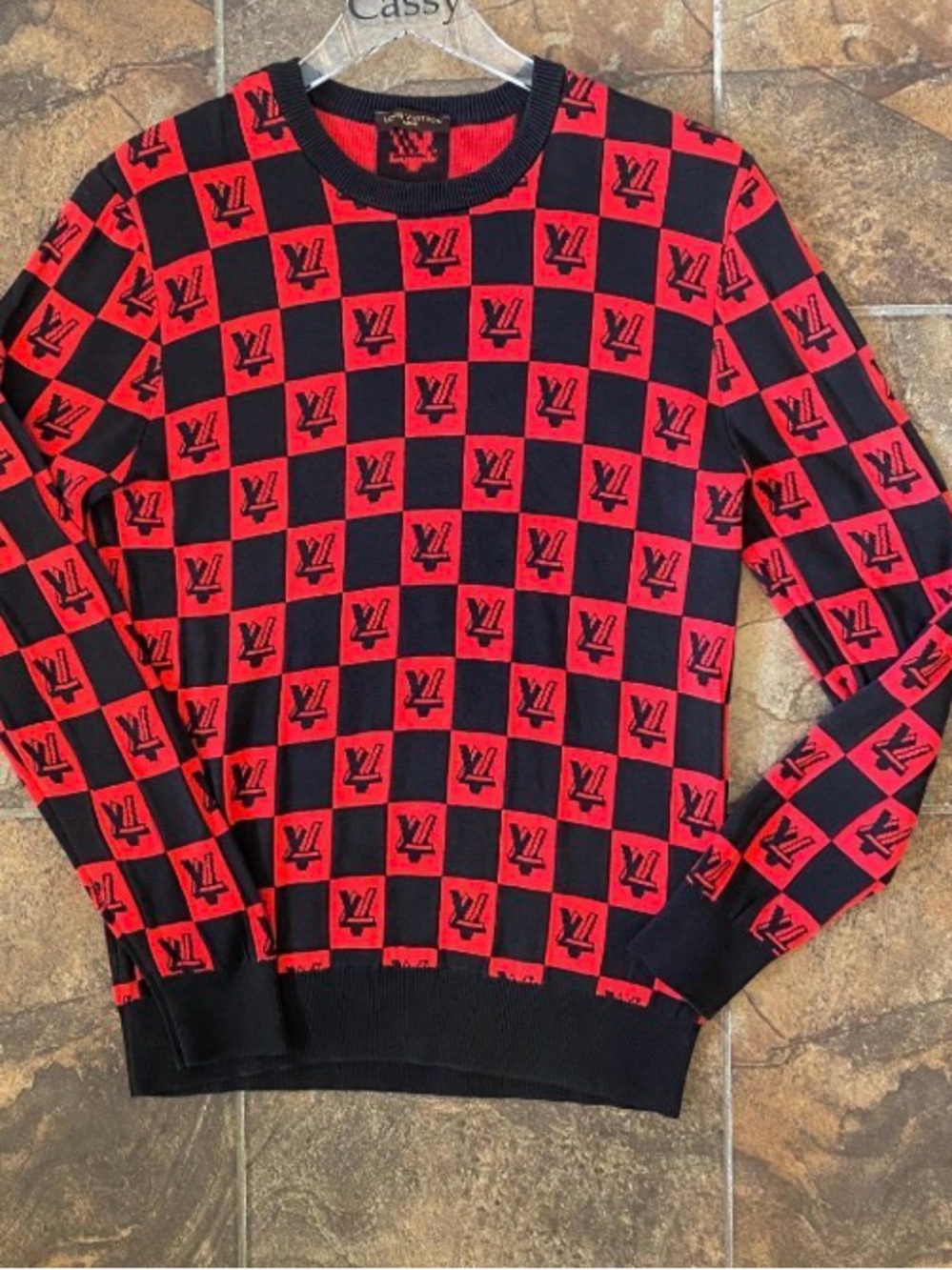 Vintage Louis Vuitton Red and Black Checkerboard LV Logo Crewneck